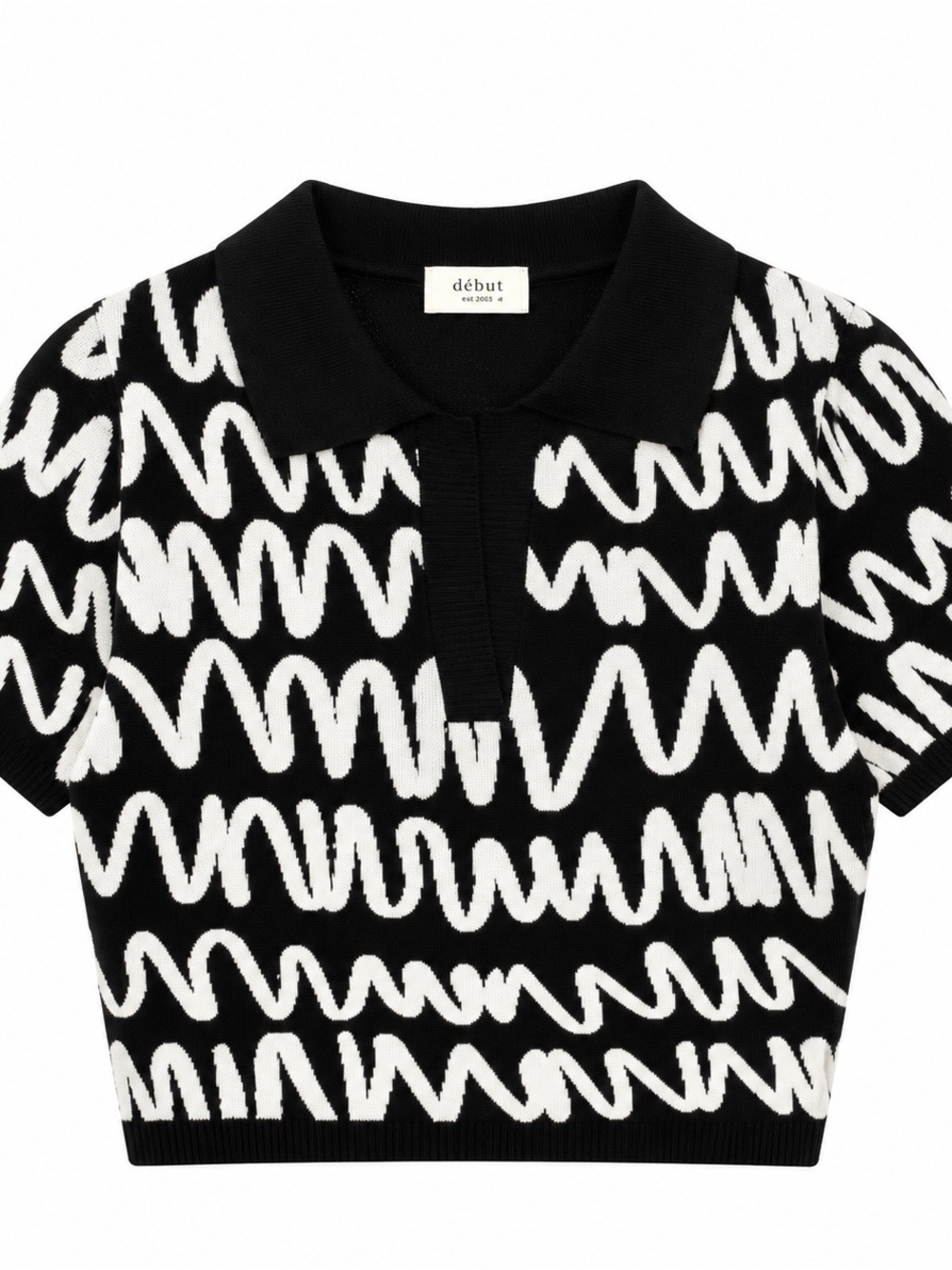 Black & White Scribble Knit Polo Top
